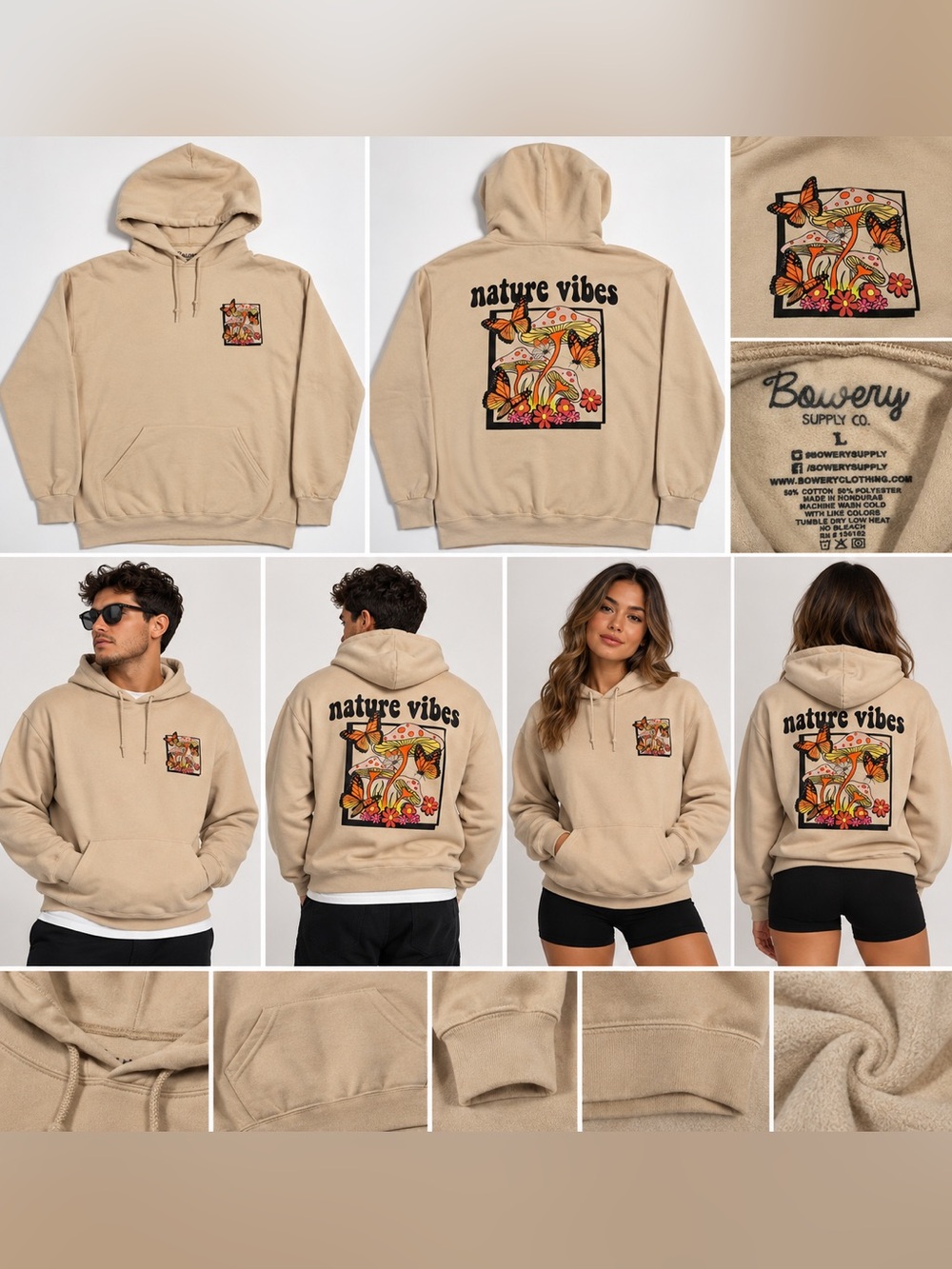 Bowery Supply Co Nature Vibes Mushroom Butterfly Hoodie Large Tan